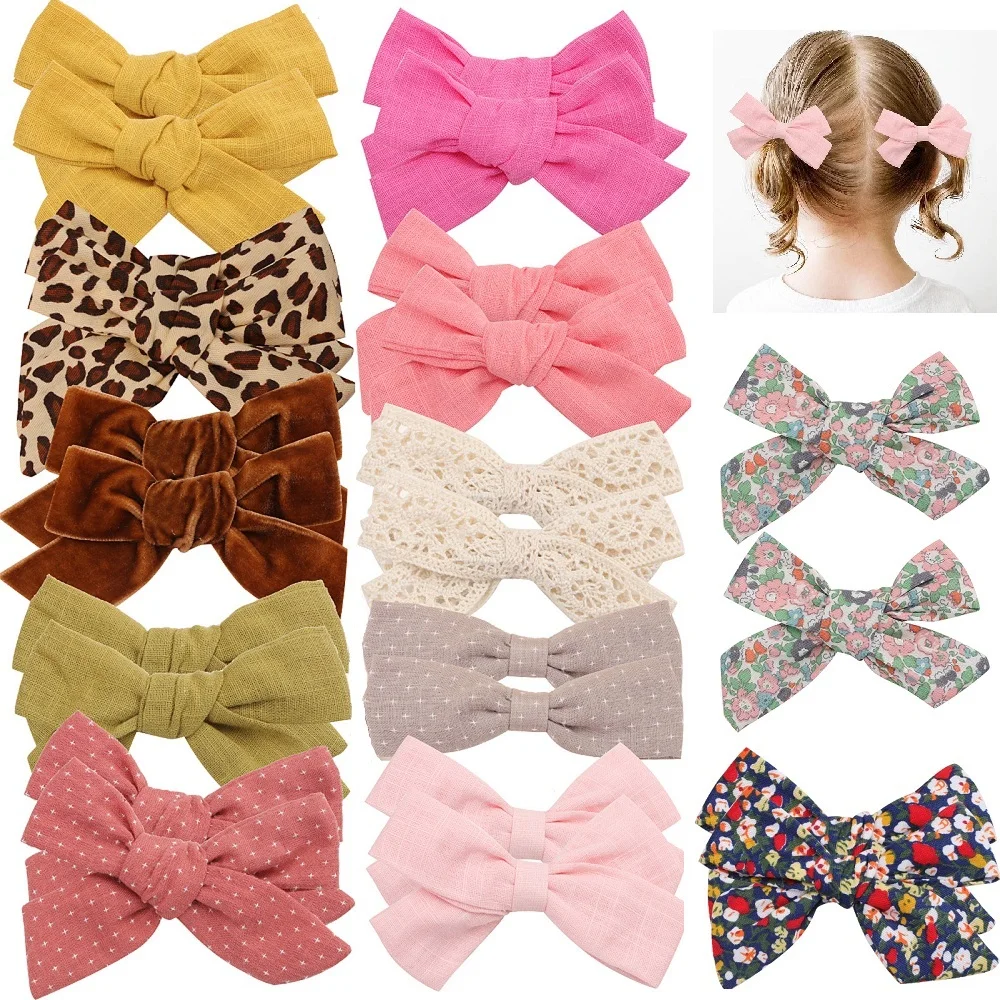 

2Pcs/set Cotton Linen Hair Bows Floral Hair Clip for Cute Baby Girls Boutique Hairpins Barrette Headwear Kids Hair Acesssories