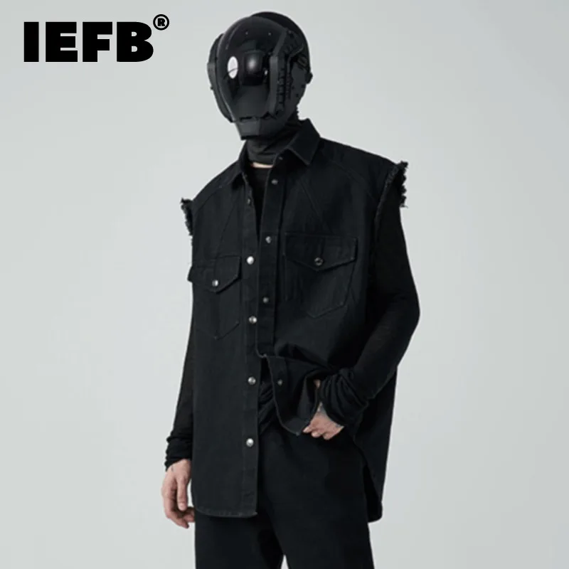 

Мужской джинсовый жилет без рукавов IEFB, свободный винтажный жилет с отложным воротником, однотонный модный жилет в стиле High Street, 9A7964
