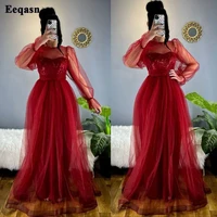 eeqasn burgundy sequines tulle prom dresses dubai a line long puffy sleeves evening gowns arabia formal wedding party dress 2022