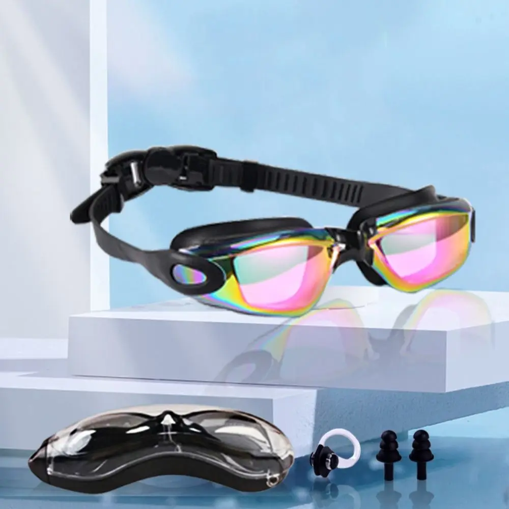 

Adults Professional Swimming Goggles Antifog Black Swimming Glasses with Earplugs Nose Clip Electroplate Silicone Swim Glasses