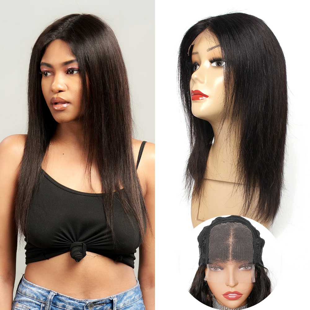 4x4 Lace Closure Wig Black Color Straight Remy Indian Human Hair Wigs 12 14 16 18 Inches 180 Density Short Extension for Women