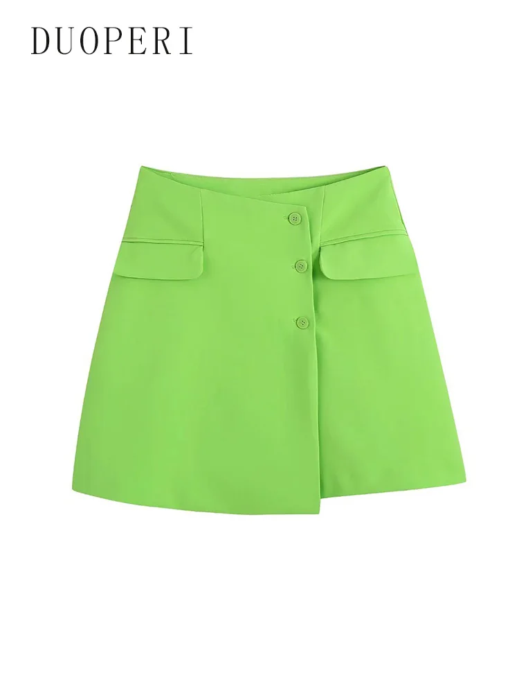 

DUOPERI Women Fashion Solid Front Button Mini Skirt Vintage High Waist Female Chic Lady Skirts