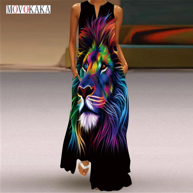 

MOVOKAKA Ladies Spring Summer Long Dress Sleeveless V-neck Lion Print Casual Beach Dresses Elegant Loose Vintage Dress For Women