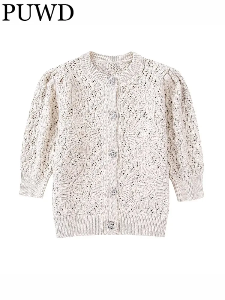 

PUWD Women Beige O Neck Faux Jewelry Button Knit Cardigans 2022 Autumn Fashion Girls Casual Girls Half Sleeves Sweaters