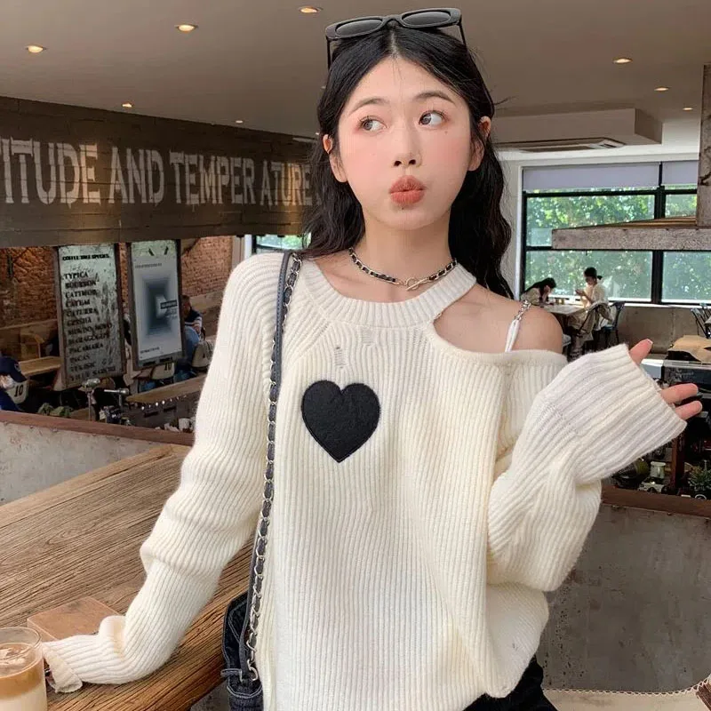 

WTEMPO Love Hollow Sweater Women's Pure Desire Atmosphere Relaxed Lazy Wind Sweet Hot Off Shoulder Knitted Top Design Feeling