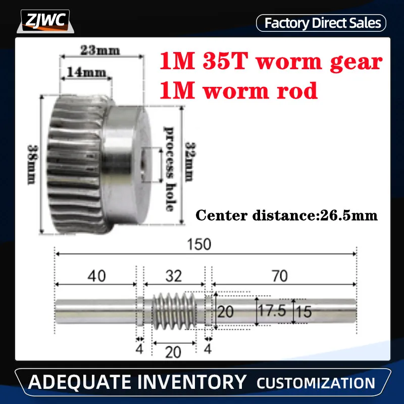 

1pcs 1 Modulus 35 Teeth reducer worm gear Process hole and 1M worm rod transmission ratio 1:35 45# steel for CNC Parts