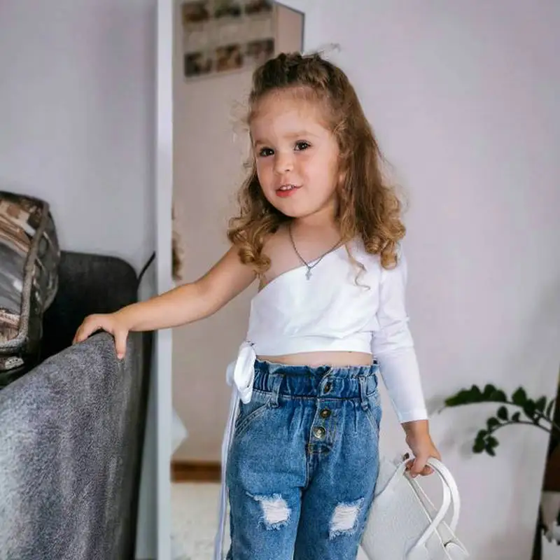 White Kids Girls One-Shoulder Crop Tops Summer Clothes Younge Child Girl Fashion T-shirts Single Long Sleeve Tee Tops For 7 to 8