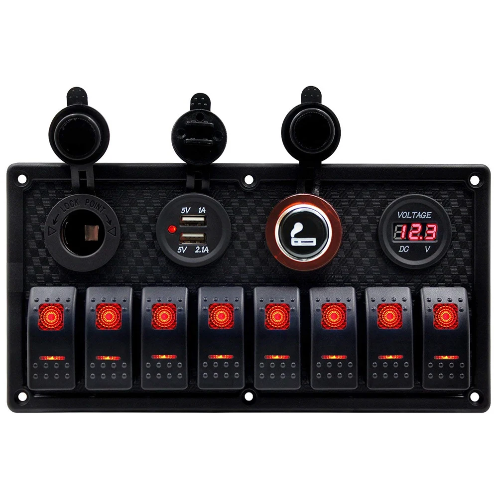 

12 В 24 В 8-клавишная панель кулисного переключателя с двойным USB-выключателем для зарядки, защита от перегрузки напряжения для автомобиля, лодки, грузовика, морской пехоты