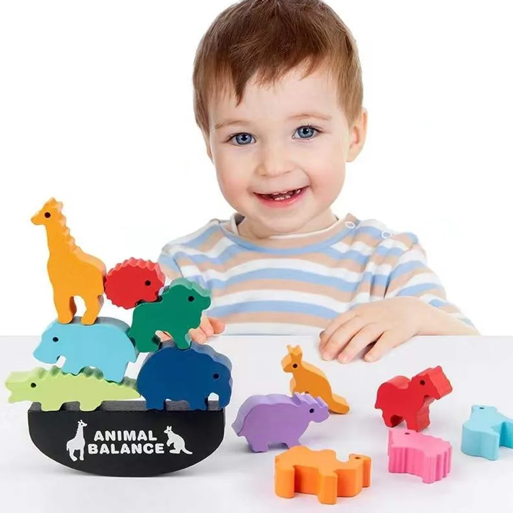 

Children Wooden Animal Balance Blocks Board Games Toy Montessori Stacking Threading Game Early Educational Training Toy for Kids