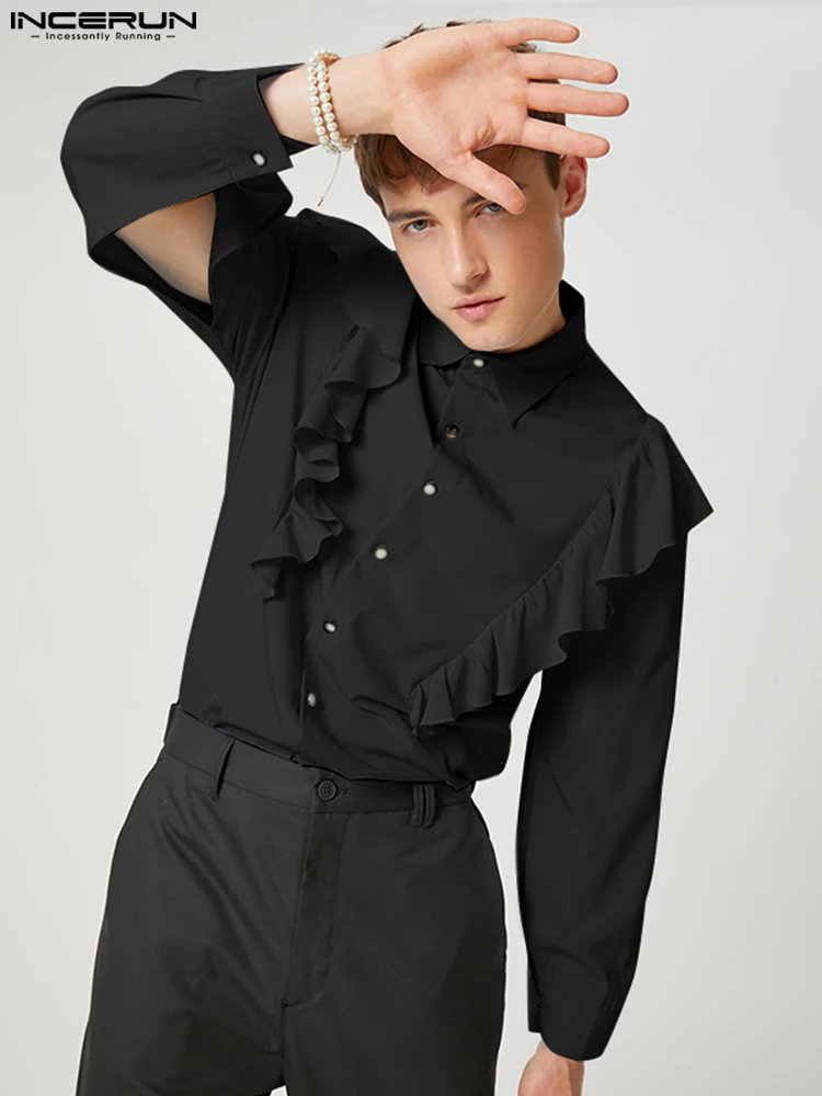 

Men's Solid Ruffle Sleeve Slit Blouse INCERUN Party Shows Hot Sale All-match Long-sleeved Shirts S-5XL Fashion Casual Style Tops