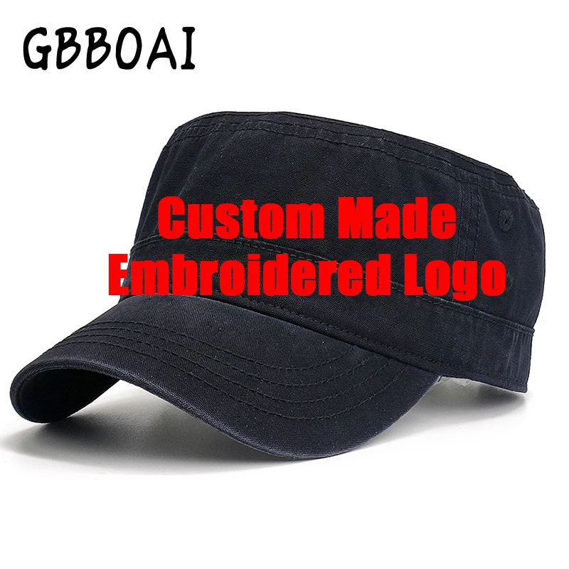 Sombreros militares con logotipo personalizado para hombre y mujer, gorra plana de algodón con monograma bordado de equipo, unisex