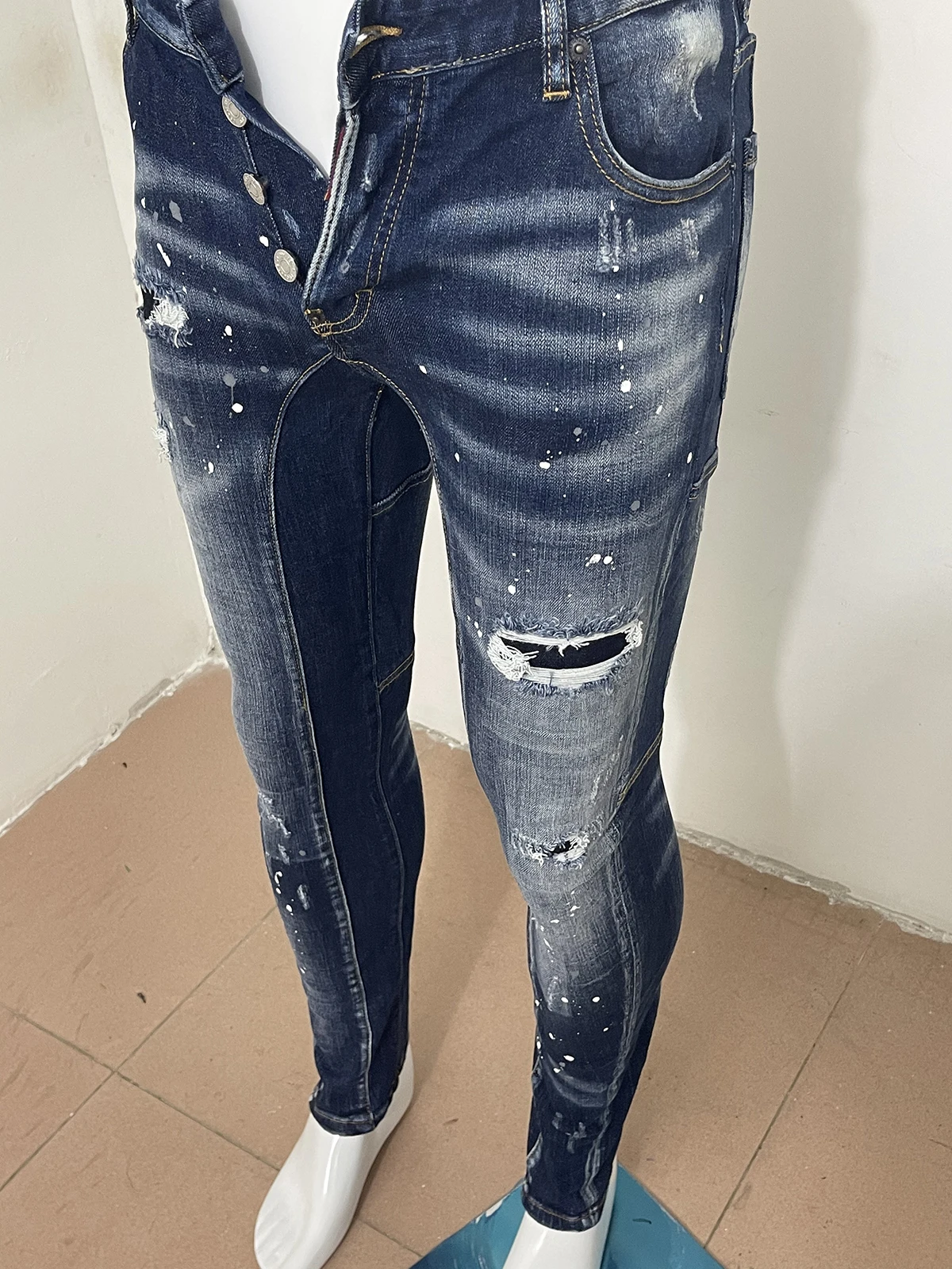Spring/Summer 2023 new jeans d2 jeans splicing dark blue wash wear-resistant slim-fit micro-bullet casual patch paint 388