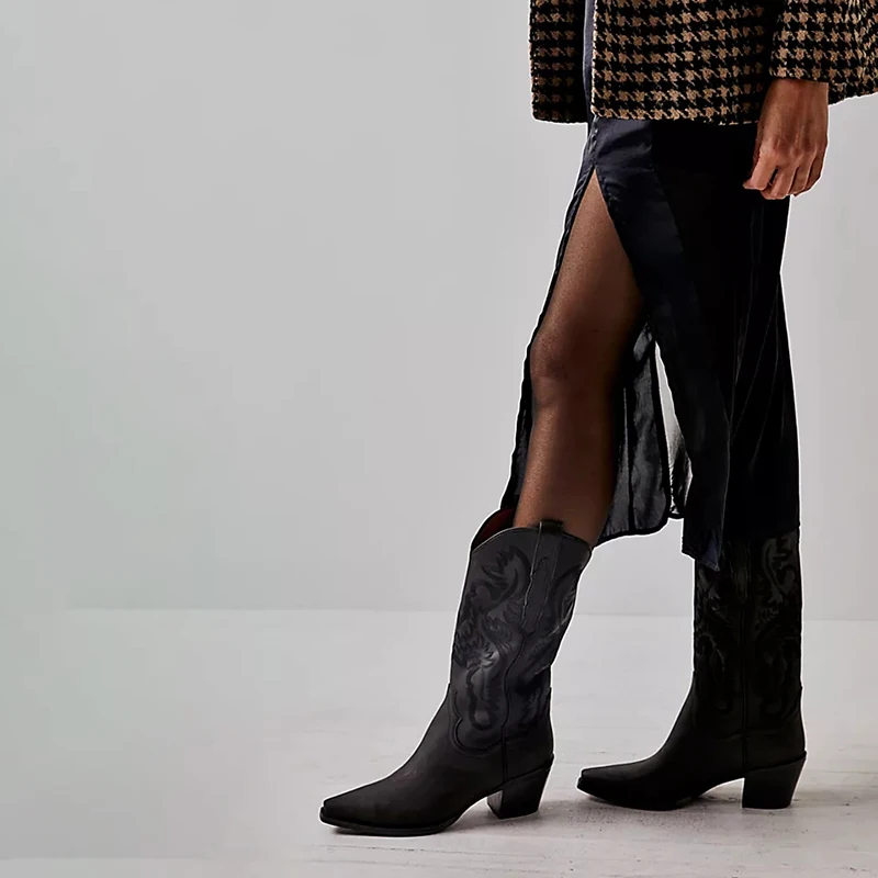 2023 Knight Boots For Women Fashion  Pointed Toe Chunky Heel Mid Calf Big Size  Women Walking Vintage ethnic embroidery boots 1B