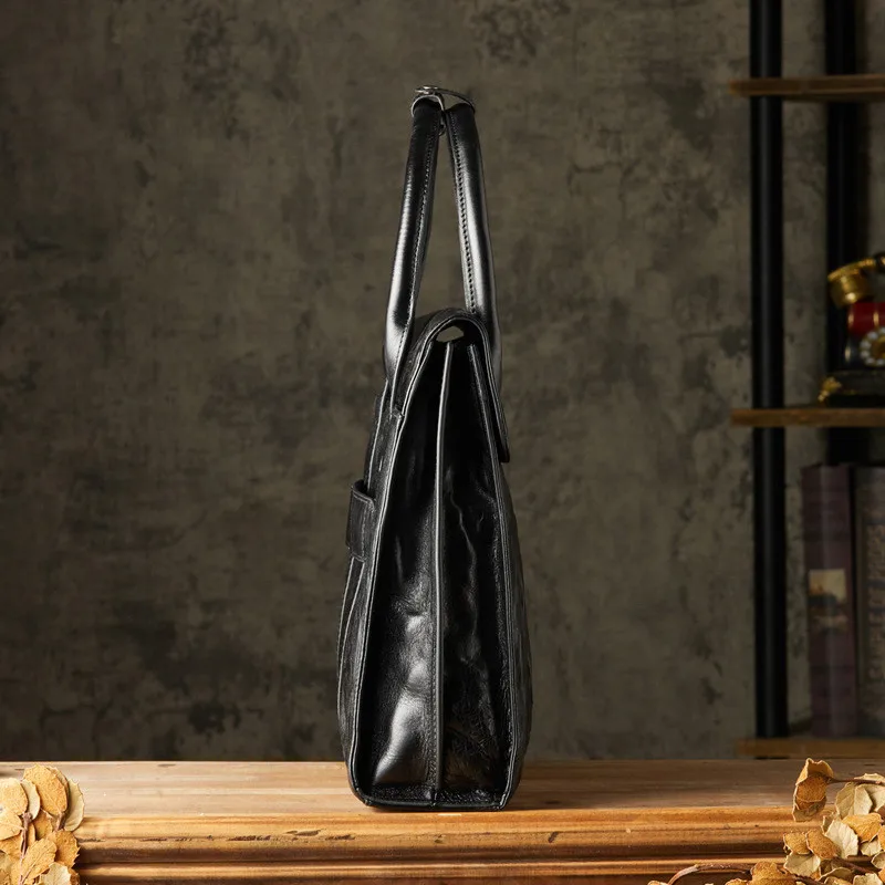 Vintage Fashion Designer Natural genuine Leather Men Black Pleated handmade Handbag Teen Office 14 Inch Laptop lawyer Briefcase