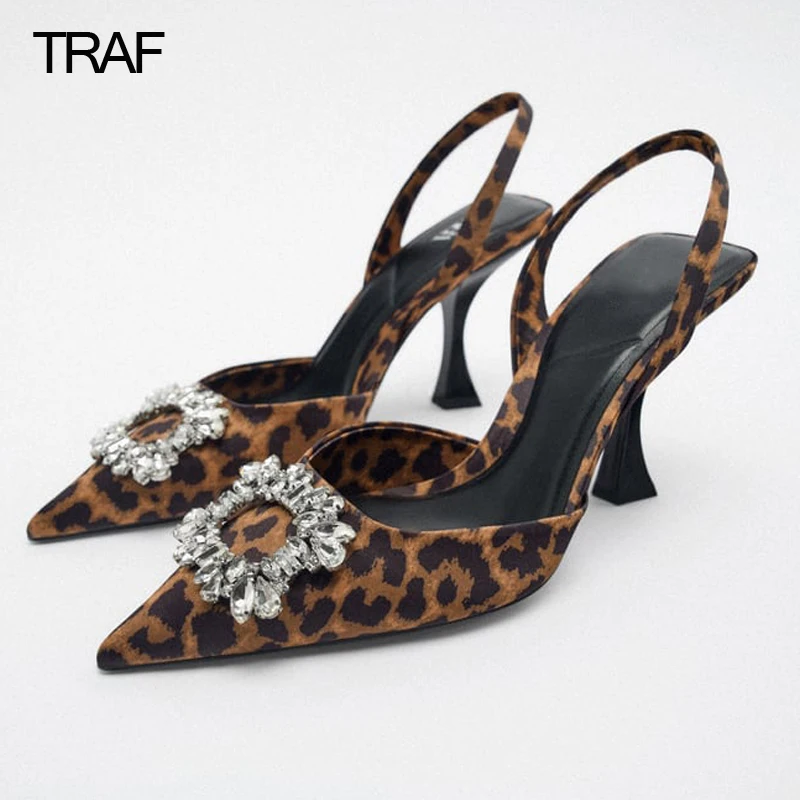 

TRAF Rhinestone High Heels Women White Black Leopord Heels Elegant Woman Heeled Shoes 2022 Pumps Slingback Pointed toe Stilito