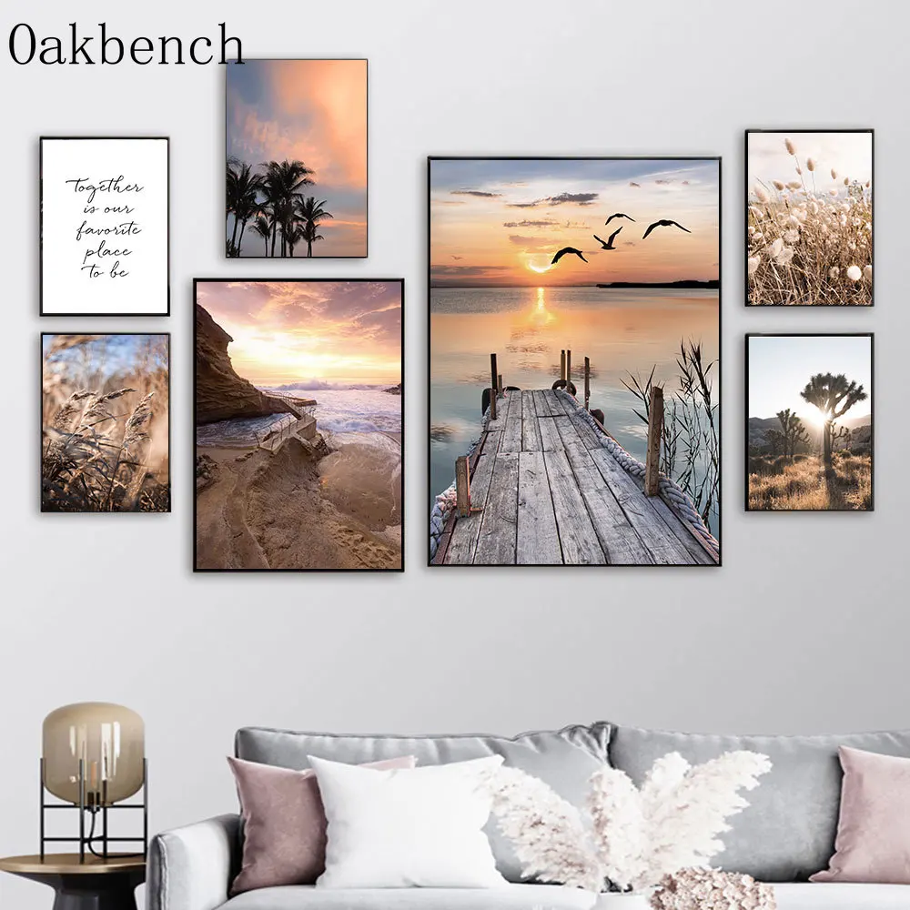 krajobraz obrazy ścienne most zachód słońca płótno plakat ściana sztuka morska plaża trzcina drukuje plakaty skandynawskie wystrój salonu