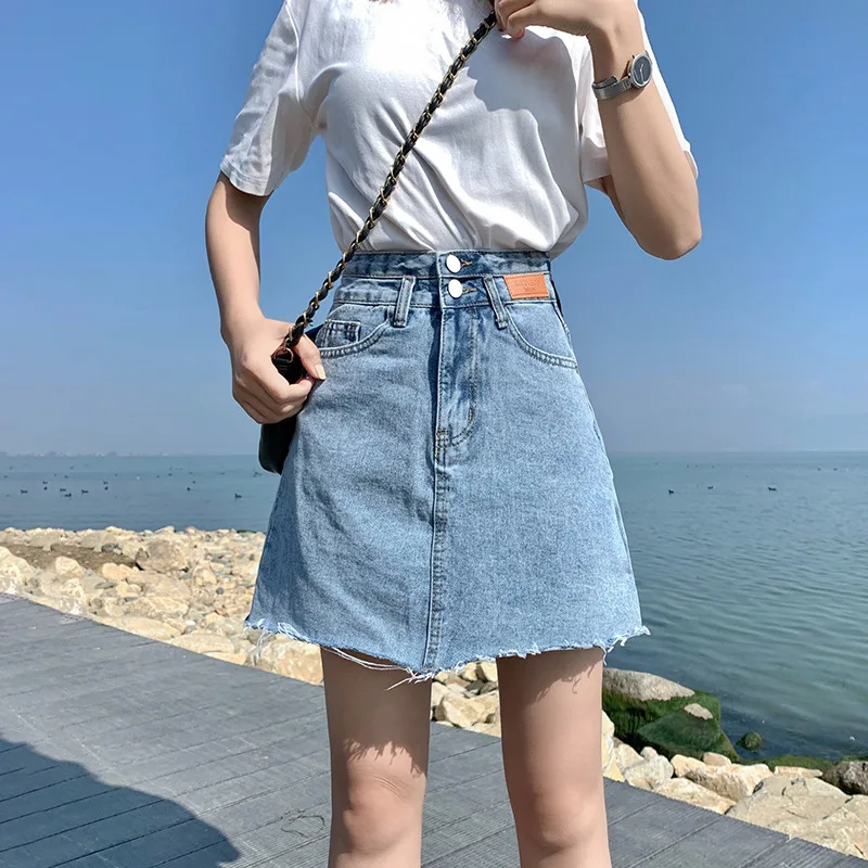 

Korean Version of Denim Skirts Women's Summer New High Waisted Slim Skirt Lined With Anti Glare Double Button A Line Short Skirt