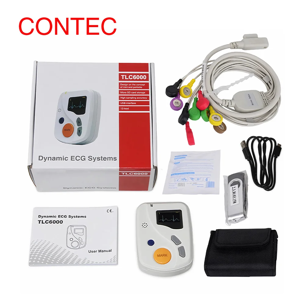 Фото CONTEC TLC6000 Портативный 12-канальный ЭКГ-холтер, 24-часовой динамический регистратор, карта памяти 2 ГБ + программное обеспечение для анализа через USB/ПК, система мониторинга ЭКГ. №4