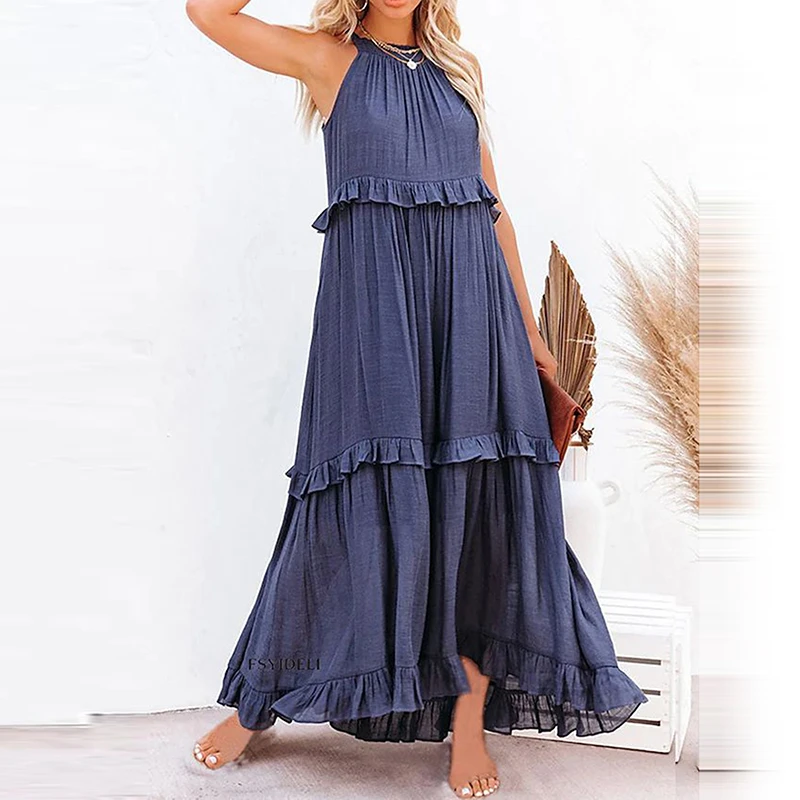 

Long Female Dress Women Summer Casual Ruffle Pullover Beach Dresses Ladies Elegant Hollow Tie-Up Solid Color Party Dress