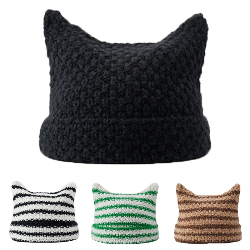 

Devil Striped Knitted Beanies Hat Y2K Japanese Hip Hop Bonnet Cap Cute Punk Cat Ears Wool Caps Winter Keep Warm Elastic Skullies