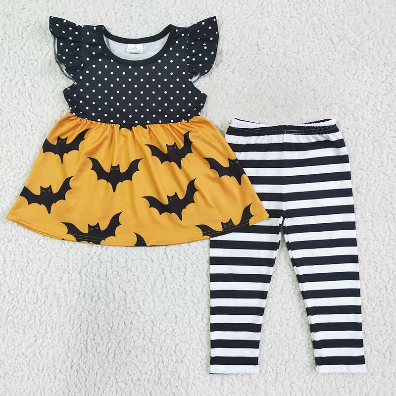 

Wholesale Baby Girl Halloween Bat Clothes Toddler Black Dots Short Sleeve Top Kids Stripe Pants Infant Outfit Children Clothing