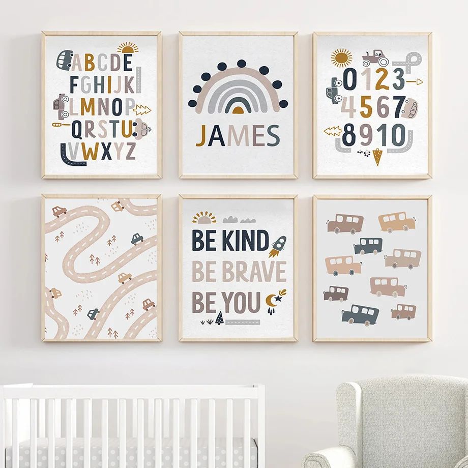 Boho Car Traffic Радужный алфавит с цифрами настенная живопись на холсте скандинавские