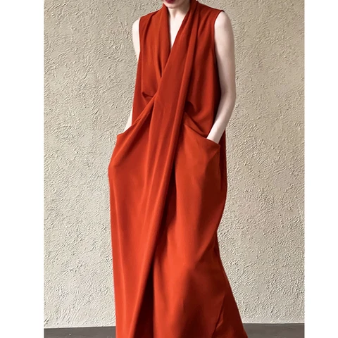 2025 женское летнее свободное винтажное длинное платье без рукавов с v-образным вырезом и карманом, элегантное платье макси, Vestidos, одежда