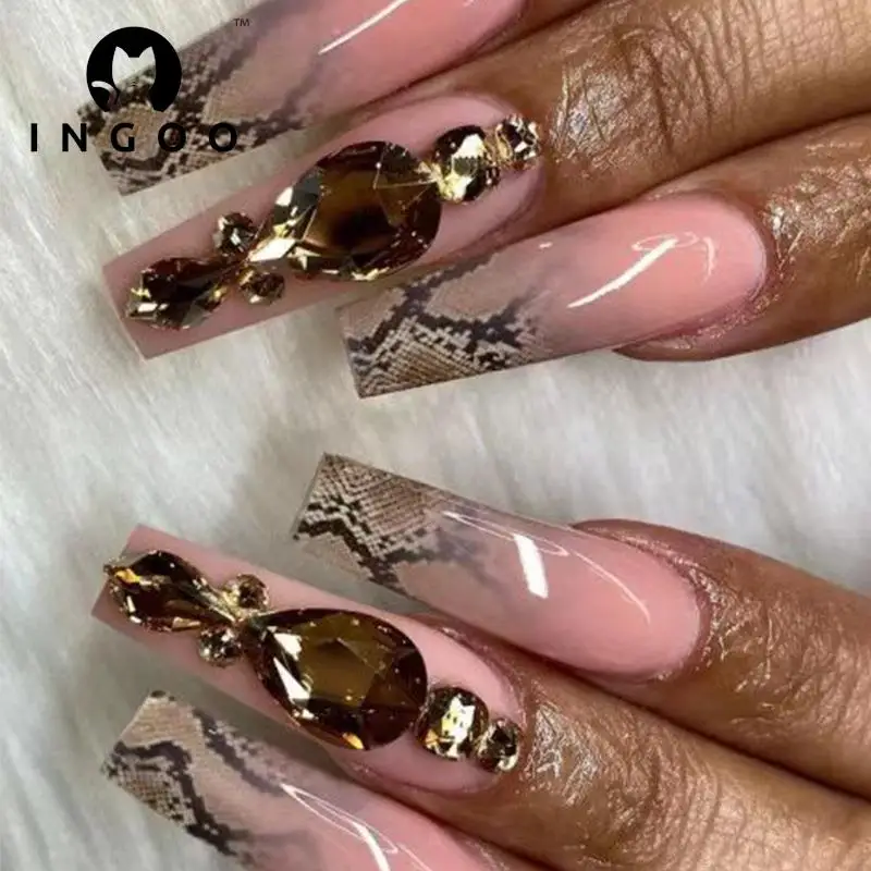

24Pcs Reusable Stick On Long Fake Nails Yellow Diamonds Snake Pattern Press On Nails Coffin False Nail Artificial Nail With Glue
