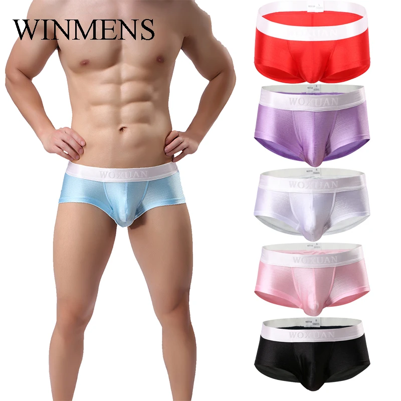 

5 Pcs/Lot Men's Panties Gay Sexy Boxers Underpants Solid Candy Colors Trunks Underwear Silky Bulge Pouch Sissy Shorts Lingerie