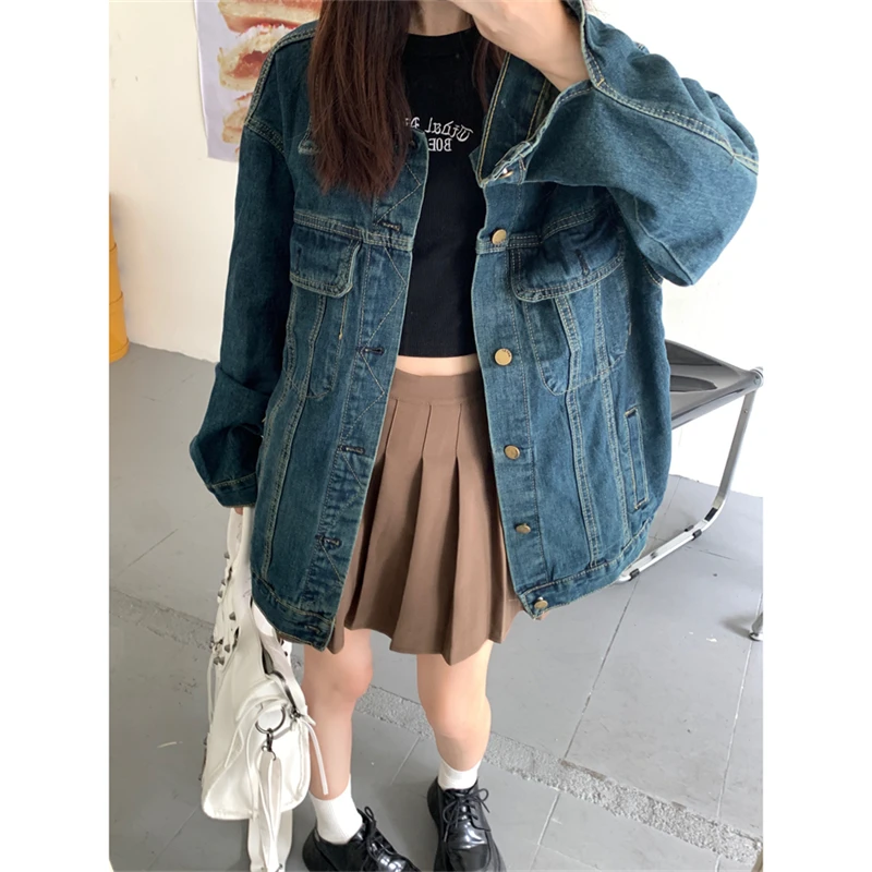 

Vintage Dark Blue Long Sleeve Denim Jacket Women's Spring Autumn American Oversized Mid-length Thin Cardigan Coat Female