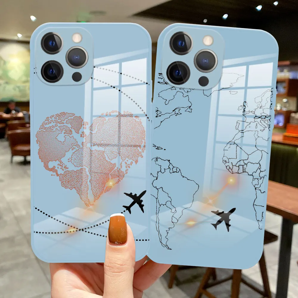 

Luxury Popular Planes World Map Travel Glass Silicone Case For iPhone 13 Pro Max 12 Pro Max 11 Pro Max 13 Mini sky blue Cover