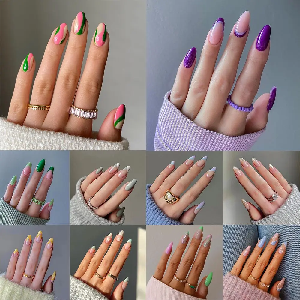 

Women Fashion Detachable Manicure Tool Full Cover Nail Tips Wearable French Stiletto Fake Nails Almond False Nails