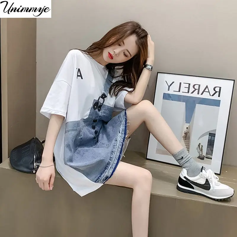 

Denim Spliced T-Shirt Dresses Women Letter Print Fashion Short Sleeve High Waist Mini Dress Female Summer Loose Plus Size J287