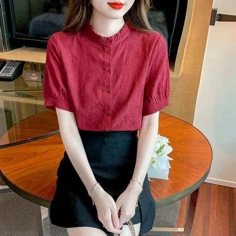 Летняя женская хлопковая блузка в иностранном стиле с коротким рукавом
