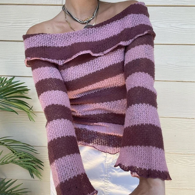 

00s Retro Off the Shoulder Long Sleeve Pullovers Y2K Striped Knitted Sweater Vintage Super Soft Jumpers Aesthetics Streetwear