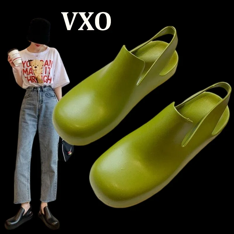 

VXO Women Green Sandals Round Toe Solid Shoes Woman Runway Mule Slingbacks Summer Flats Rain Boots Sandals
