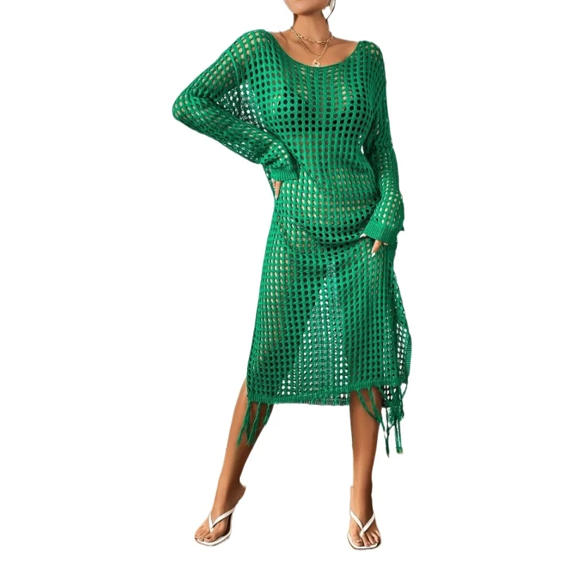 

Women Crochet Swimsuit Cover-Up Sexy Hollow Out Beach Dress Summer Knit Pullovers Fishnet Bathing Suit