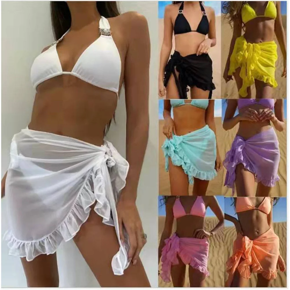 

Sexy See Through Bikini Wrap Skirts Summer Sunproof Lacing Rufflee Short Skirt Bikini Cover Up Swimwear Wraps Beachwear