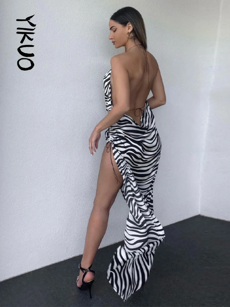 

YIKUO 2022 Sleeveless Backless Halter Slit Zebra Print Sexy Midi Slip Dress Summer Women Fashion Club Outfits