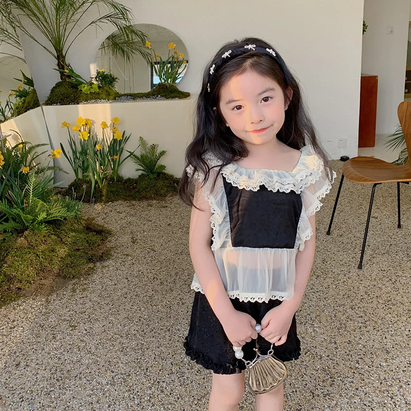 

2022 Summer New Girls Vest Korean Version Fashion Kids Lace Light Luxury T-shirt Girls Sleeveless Top Trendy Fashion Clothing