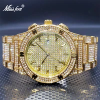 18k gold watch for big man missfox luxury classic auto calendar full diamond bracelet quartz watches droshipping orologio uomo