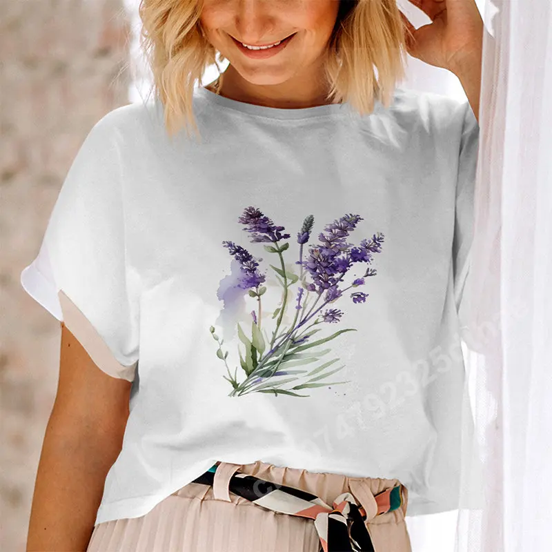 

Lavender Printed TShirts Women Girls Vintage Breathable Short Sleeve T-shirt Fashion O-Neck White Tee Shirts Female Tops Clothes