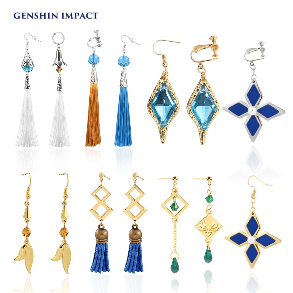 

Game Genshin Impact Earrings Cosplay Knights Kaeya Blue Crystal Pendant Ear Clip Fashion Accessories Jewelry Gift For Women Men