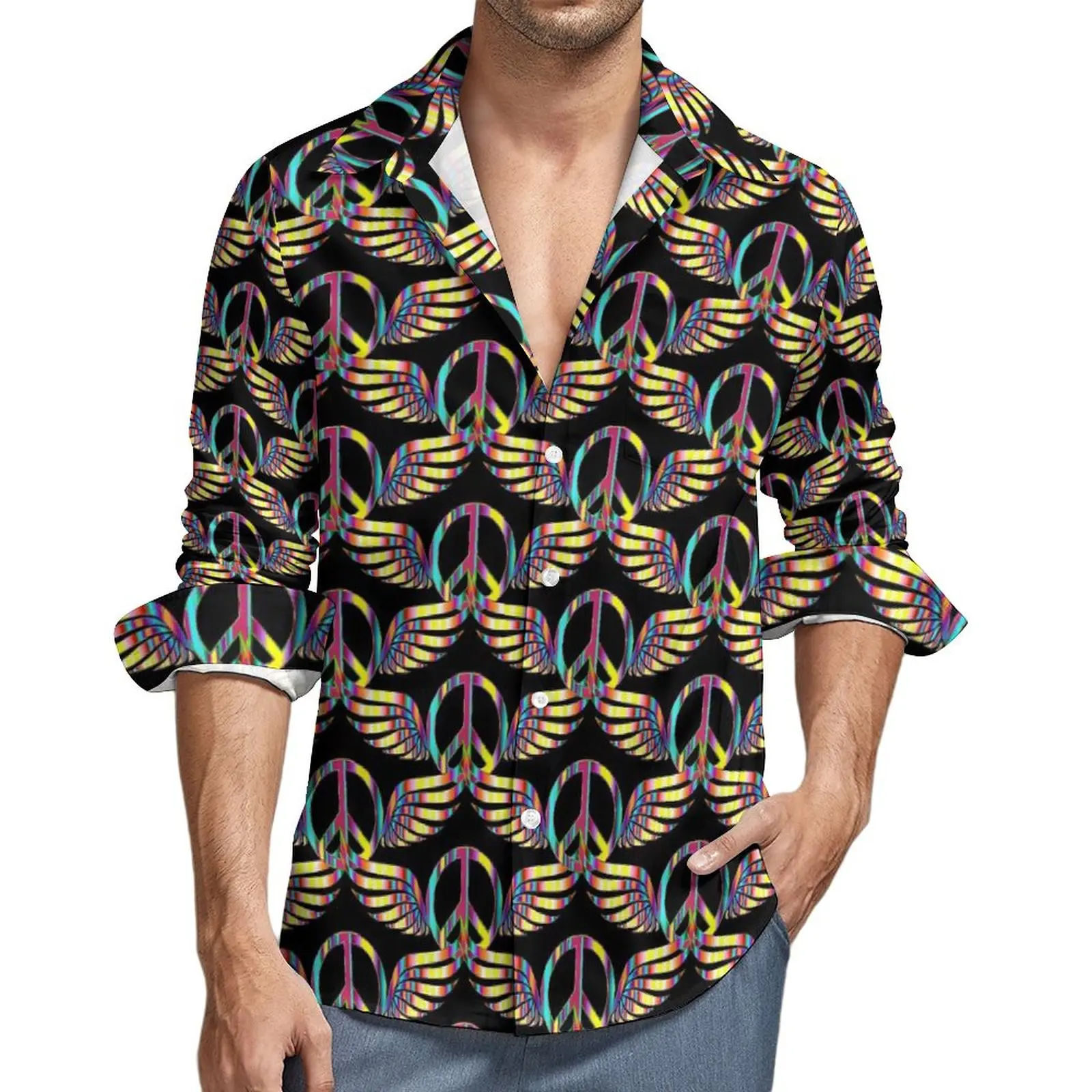 

Hippie Peace Symbol Shirt Autumn Thunder Print Casual Shirts Mens Retro Blouses Long Sleeve Graphic Harajuku Tops Big Size 4XL
