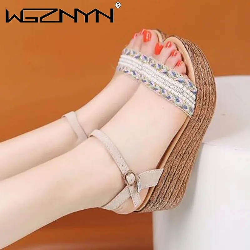 

2023 High Heel Sandals Women Summer Shoes Wedges Bohemian Woman Sandals Ankle Strap Platform Diamond Beach Sandles Female Shoes