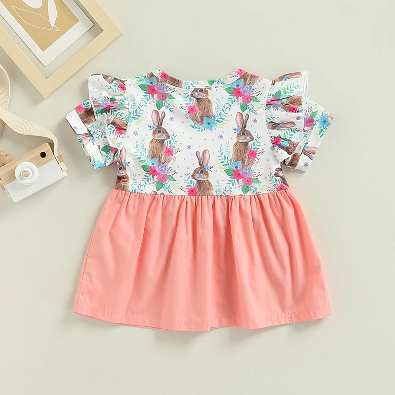 

0-3 Years Sleeveless Clothing Newborn Baby Dress, Infant Toddler Rabbit Flower Pattern Printed Fly Short Sleeve1 Piece Skirt