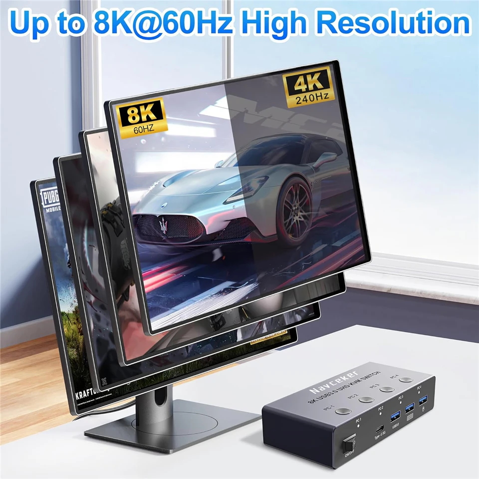 Фото KVM-переключатель Navceker 4K 240 Гц HDMI 4x1 8K KVM 4-переключатель для ПК 4-портовый переключатель USB 3.0 4 в 1 выход для всего 1 монитора Мышь Клавиатура №3