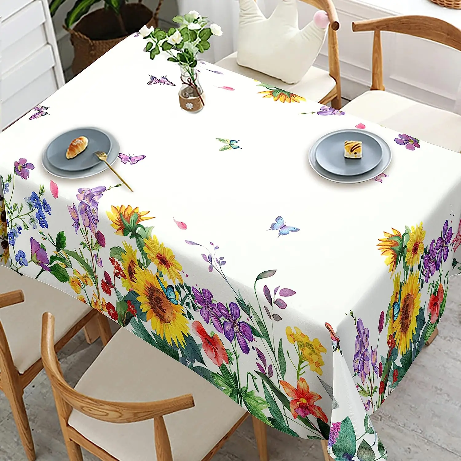

Spring Watercolor Floral Rectangular Tablecloth Holiday Party Decorations Waterproof Tablecloth for Holiday Kitchen Dining Decor
