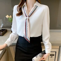 chic women satin shirts long sleeve solid white with silk scarf turn down collar elegant office ladies workwear blouses