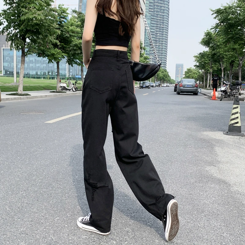 Women Wide Leg Hip-hop Mopping Vintage Summer High Street Jeans Holes Black Chic Large S-XL Oversize Casual Pants Harajuku